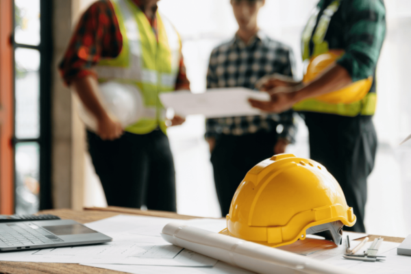 Out of focus image of construction workers